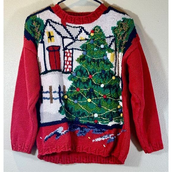 Vintage Crystal Kobe Christmas Tree Holiday Red Knit Women's Sweater Large - Picture 1 of 9